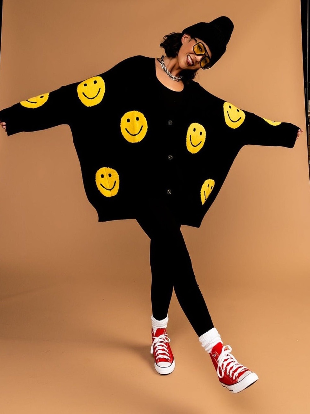 Dressed in Lala The Most Fun Oversized Smiley Face Cardigan Sweater Knit L / XL